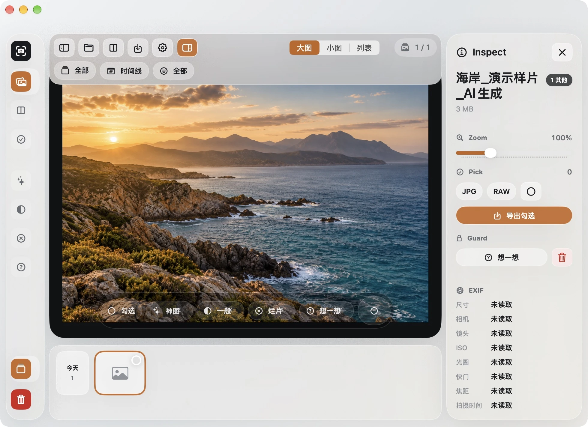 Inspector 与观片控件；AI 演示样片没有相机 EXIF 信息。